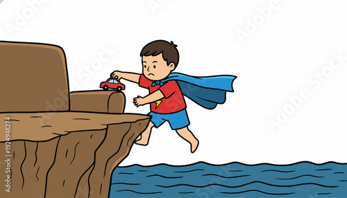 Brave Young Boy Superhero Playing with Toy Car Near Cliff Edge.