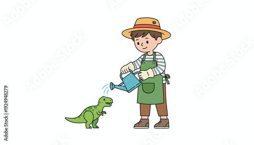 Young gardener watering small green dinosaur with watering can.