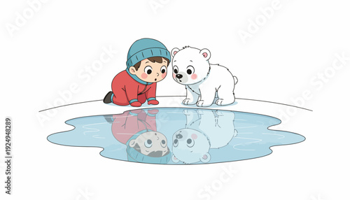Curious child and polar bear cub looking at their reflections in water.