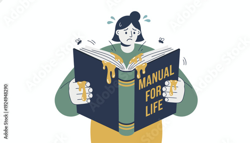 Stressed Woman Reading Confusing Manual for Life Book.