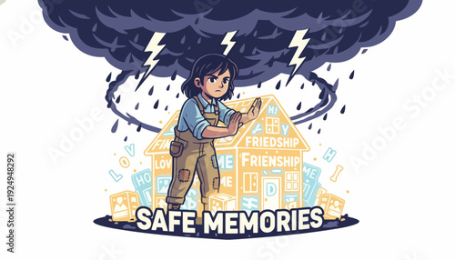 Cartoon character safeguarding precious memories from a looming storm.