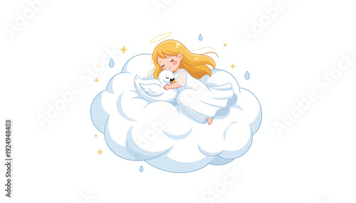 Young girl peacefully sleeping on a soft cloud, dreaming sweetly.