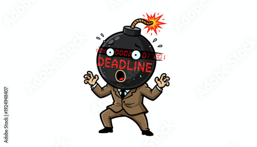 Businessman with a bomb head representing a looming deadline, expressing panic and stress.