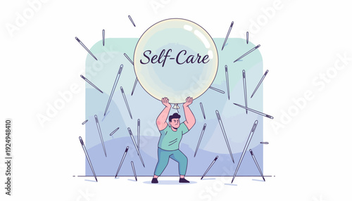 Man Shielding Himself with Self-Care Bubble from Stressful Elements.