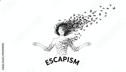 Womans body transforming into birds, symbolizing escapism and freedom.