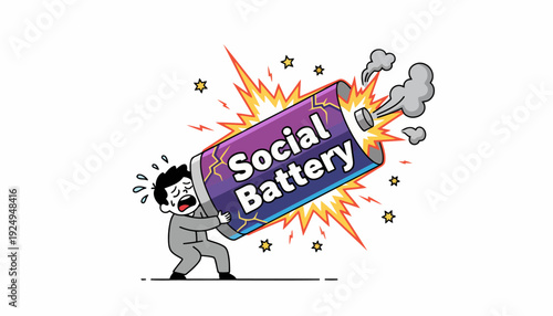 Man struggling with exploding social battery concept illustration.