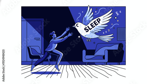 Person Chasing Elusive Sleep Bird Illustrating Insomnia and Restlessness.
