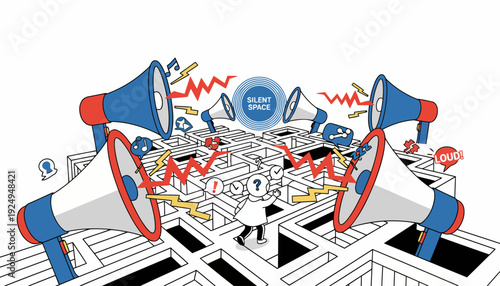 Woman Navigating Maze of Megaphones and Loud Noise.