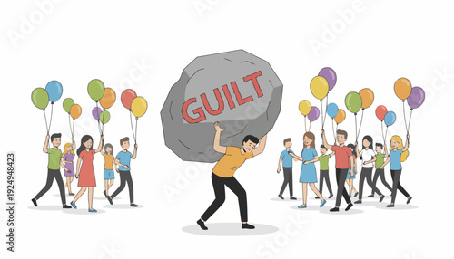 Man Carrying Heavy Guilt Stone While Others Celebrate.