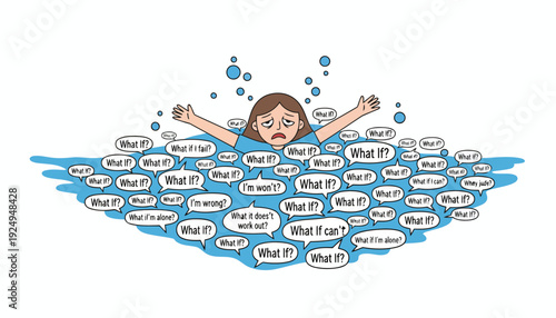 Anxious person drowning in a sea of questions and worries.