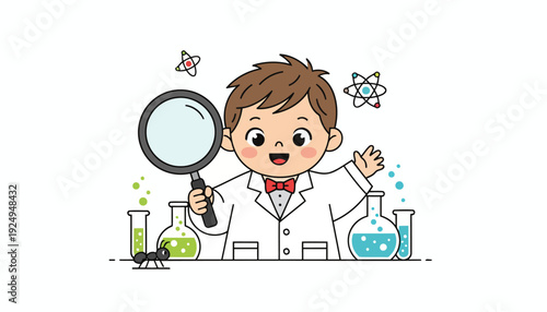Young Scientist Boy Holding Magnifying Glass with Laboratory Equipment.