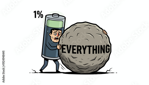 Tired Businessman Pushing Heavy Everything Rock with Low Battery.