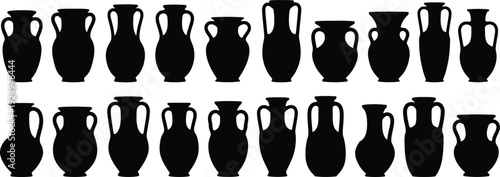 Collection of 20 black silhouette amphorae on white background