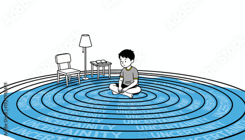 Young Boy Meditating in a Circle of Uncertainty and Doubt.