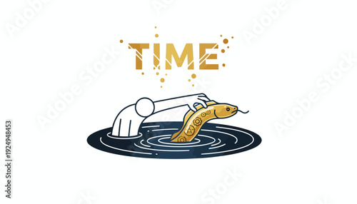 Abstract illustration of a hand reaching for a golden eel in water, symbolizing time.