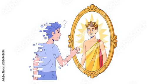 Man looks at his reflection in a mirror seeing a godlike figure.