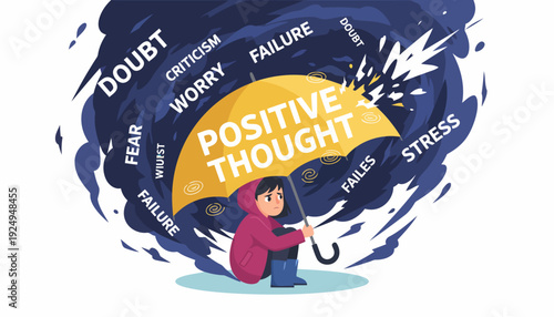Person holding umbrella with positive thought text protecting from negative emotions.