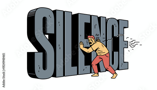 Man Pushing Large Word Silence Illustration.