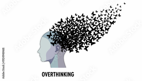 Head silhouette with butterflies symbolizing overthinking and mental health issues.