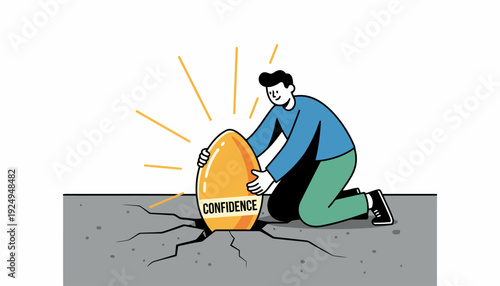 Man discovering a glowing golden egg labeled Confidence emerging from cracked ground, symbolizing self-belief and personal growth.