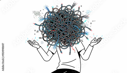 Tangled thoughts and complex mind, illustrating mental confusion and stress.