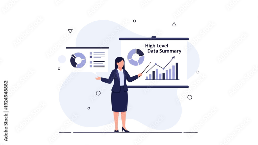 Obraz premium Businesswoman Presenting Data Summary with Charts and Graphs on Whiteboard