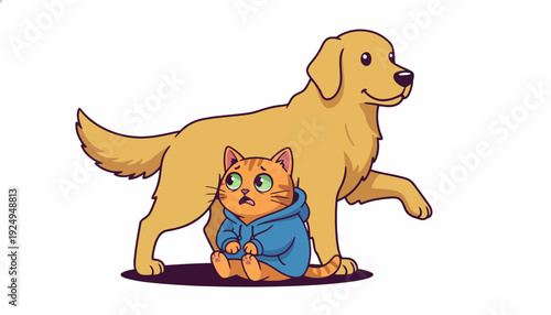 Golden Retriever Dog and Orange Tabby Cat Wearing Blue Hoodie Together.