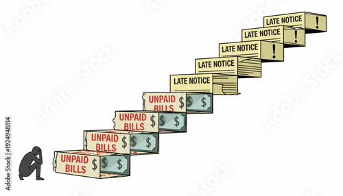 Man facing a mounting pile of unpaid bills and late notices.
