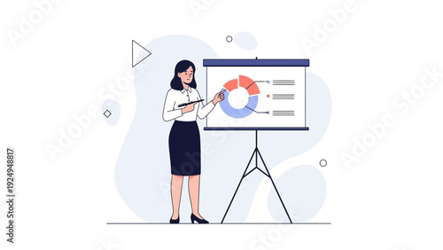 Businesswoman presenting data on a flip chart with pie chart and bar graph