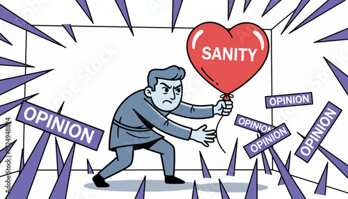 Man Protecting Sanity Balloon from Opinions.