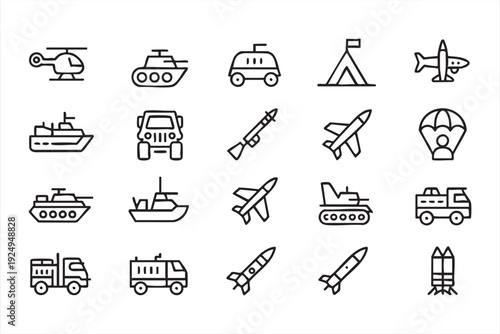 Army Vehicle and Aviation Outline Icons for Tactical Design