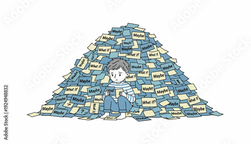 Overwhelmed Person Buried Under Mountain of Information and Questions.