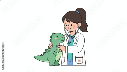 Young female veterinarian examining a cute green dinosaur with a stethoscope.