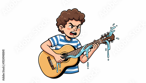 Young Boy Angrily Playing Guitar with Water Splashing.