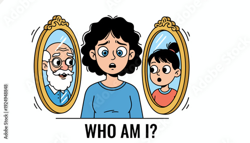 Woman Reflecting on Past and Future Selves in Mirrors.