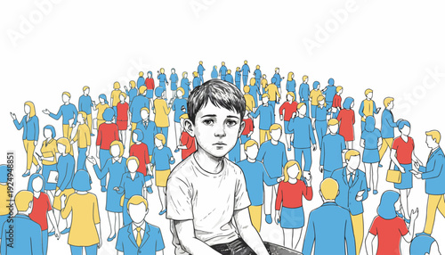 Sad little boy in a crowd of people looking lonely and isolated.