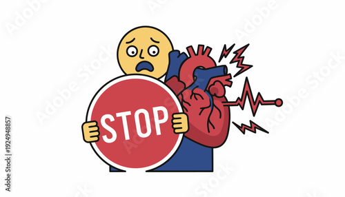 Worried Character Holding Stop Sign Next to Beating Heart with ECG Line.