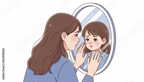 Woman Observing Sad Reflection in Mirror Contemplating Emotions.