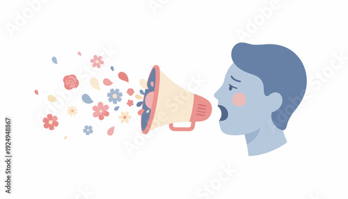 Person Shouting into Megaphone with Flowers and Leaves.