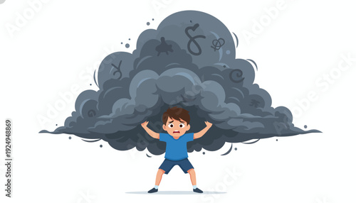 Young boy lifting heavy dark cloud representing burden and stress.