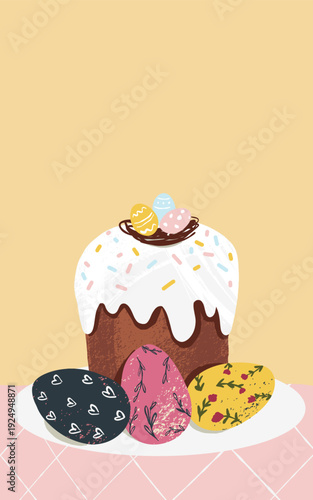 Naive easter cake with icing nest and decorated eggs on light background