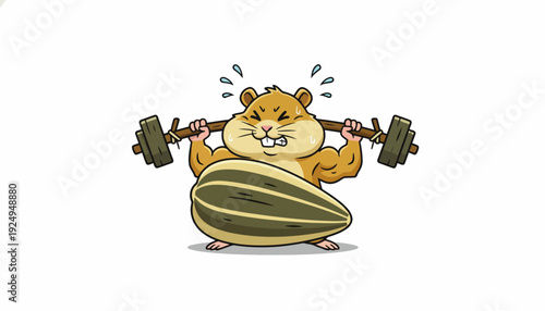 Strong Hamster Lifting Heavy Barbell with Sunflower Seed.