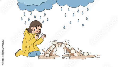 Young child in yellow raincoat playing with melting ice cubes during rain.