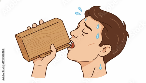 Thirsty Man Drinking from a Wooden Box Illustrative Vector.