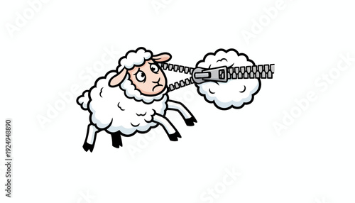 Sad Cartoon Sheep with Zippered Wool Illustrative Design.