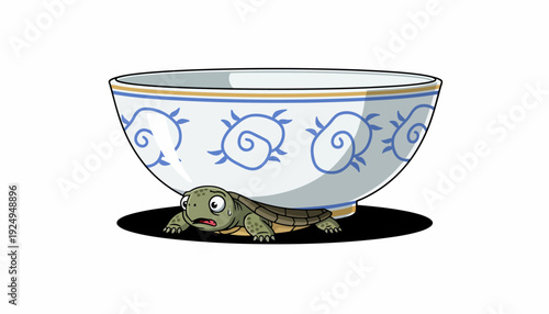 Little turtle hiding under a large ceramic bowl with blue patterns.