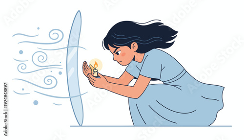 Young Woman Protecting Candle Flame from Strong Wind.