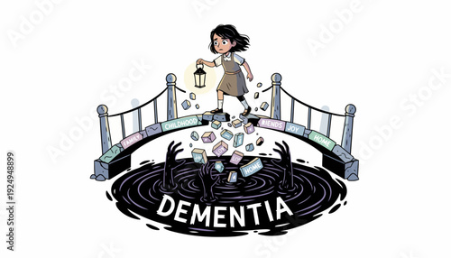 Young Girl Crossing Bridge Over Dementia Abyss with Lantern.
