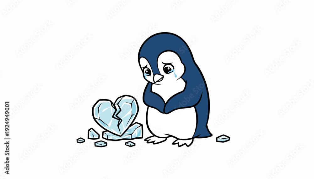 Obraz premium Sad Penguin with Broken Ice Heart Illustrates Emotional Distress and Heartbreak.