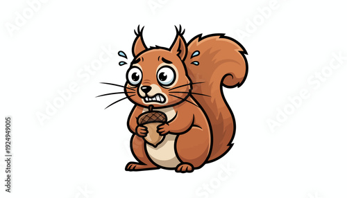 Anxious Squirrel Holding Acorn Cartoon Illustration.